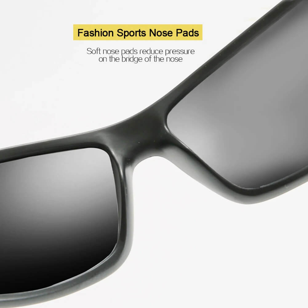 Close-up of polarized sunglasses with sports nose pads, unisex design, lightweight polycarbonate frame, perfect for bike drivers.