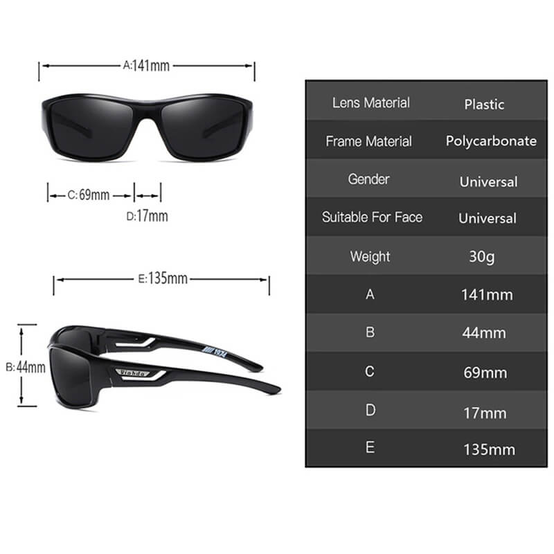 Diagram showcasing dimensions and materials of SF0537 polarized sunglasses with plastic lens and polycarbonate frame, perfect for all drivers.