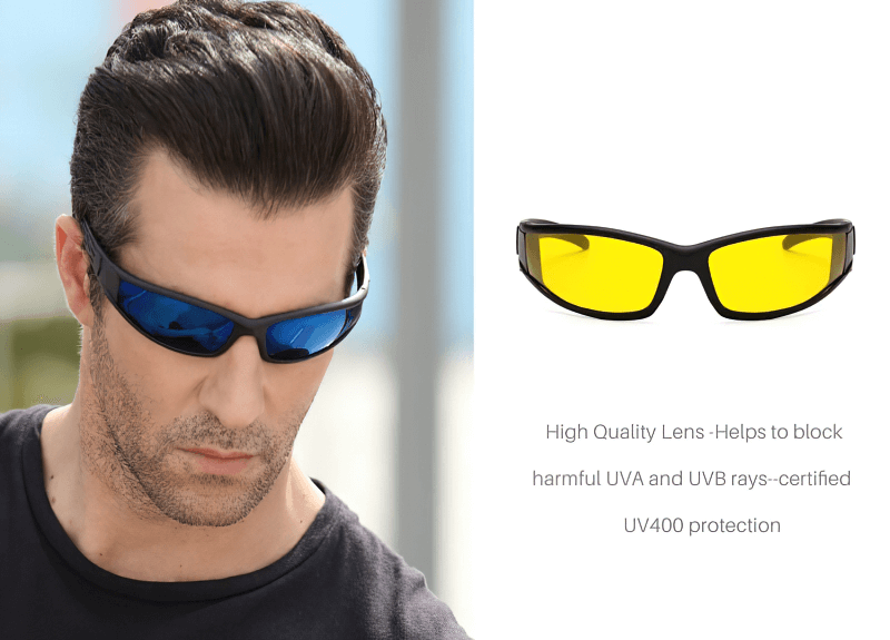 Man wearing stylish polarized sunglasses with anti-glare, showcasing fashion and UV400 protection outdoors, next to yellow lens glasses.