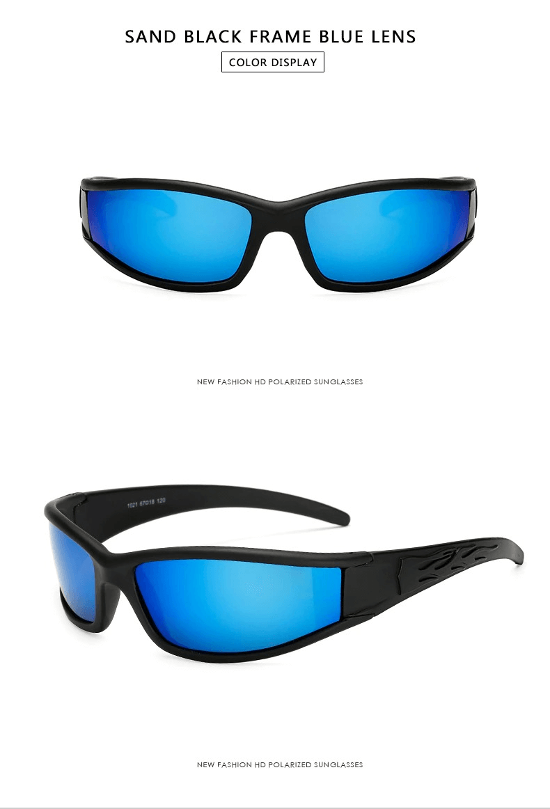 Stylish polarized sunglasses with blue lenses and sand black frame for men and women, perfect for outdoor activities.