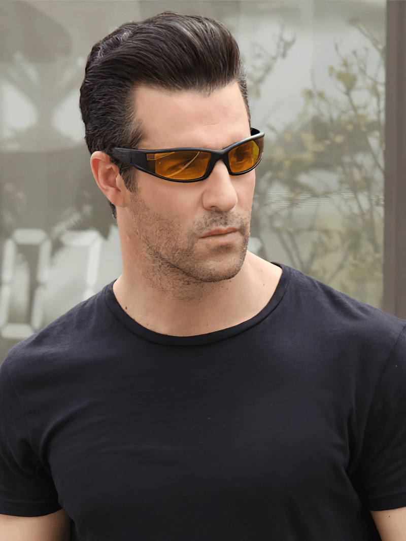 Man wearing fashionable polarized sunglasses with anti-glare, perfect for outdoor activities, SF0278 model.