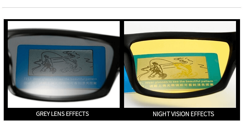 Comparison of grey lens and night vision effects demonstrating the versatility of SF0278 Polarized Sunglasses.