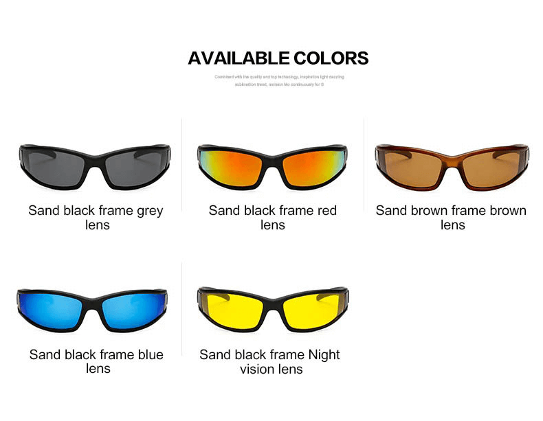 Fashion polarized sunglasses available in five colors: grey, red, brown, blue, and night vision yellow, showcasing diverse lens options.