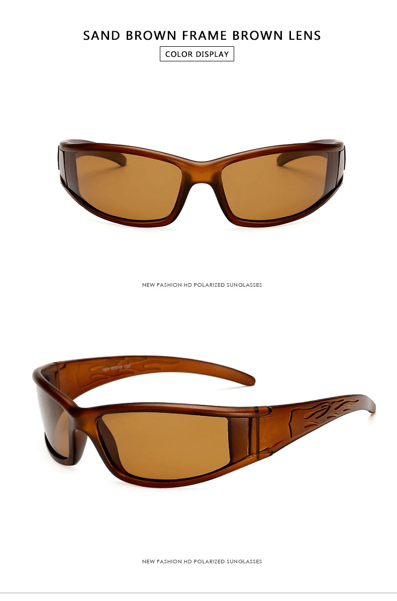 Sand brown polarized sunglasses with anti-glare brown lenses, perfect for men and women. Stylish outdoor fashion accessory.