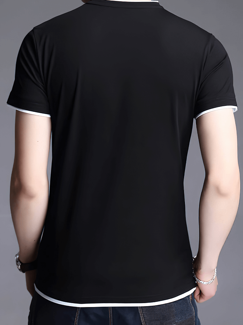 Back view of a men's black short sleeve V-neck solid color T-shirt with white trim, perfect for casual everyday wear.