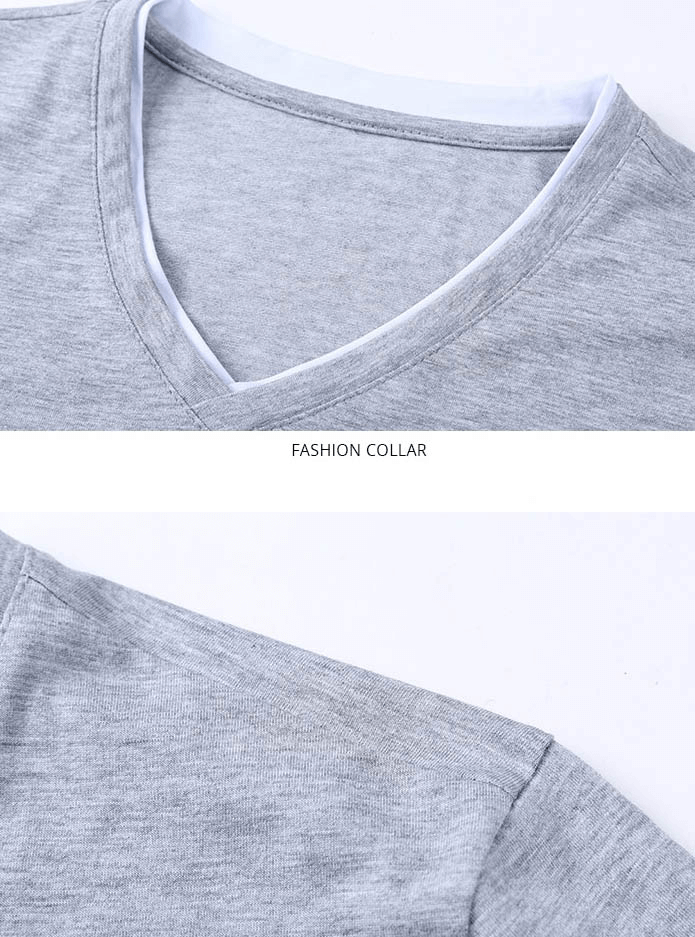 Close-up of a V-neck solid color T-shirt in grey showcasing short sleeves and fashionable collar design for men - SF1065.