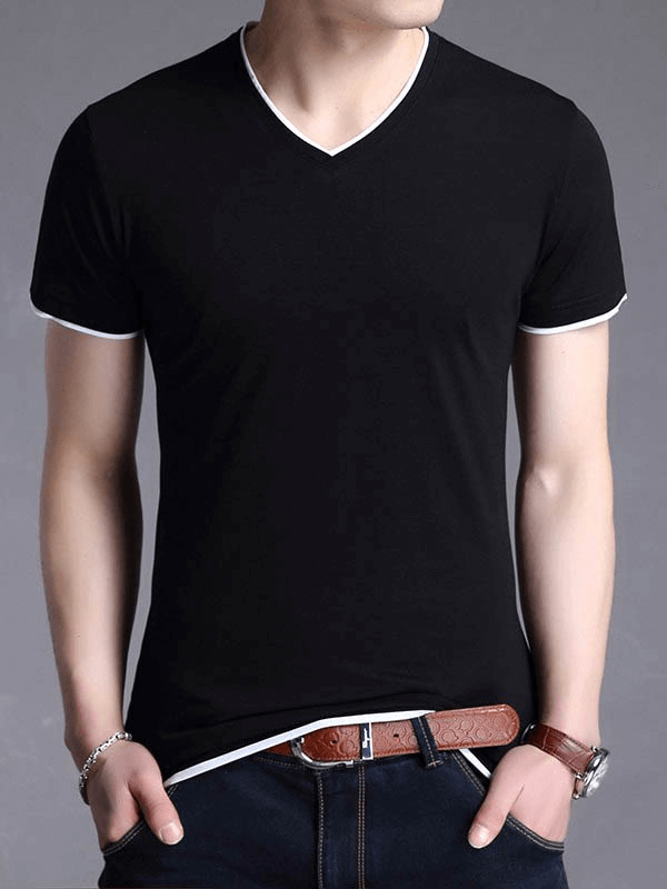 T-shirt de couleur unie à manches courtes et col en V pour hommes - SPF1065 