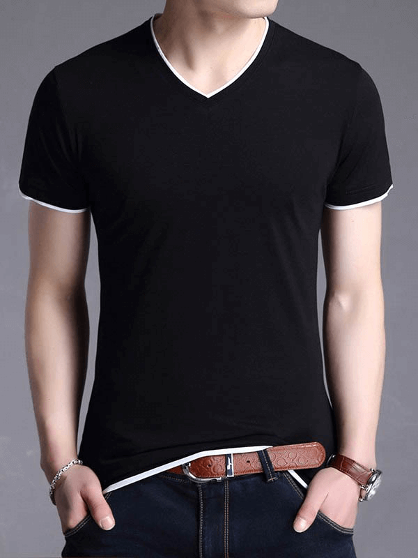 Man wearing black V-neck short sleeve T-shirt, SF1065, with jeans, showcases casual style for everyday wear.