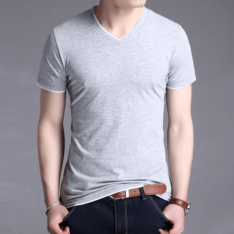 Men's grey V-neck short sleeve T-shirt in solid color, SF1065, perfect for casual wear.