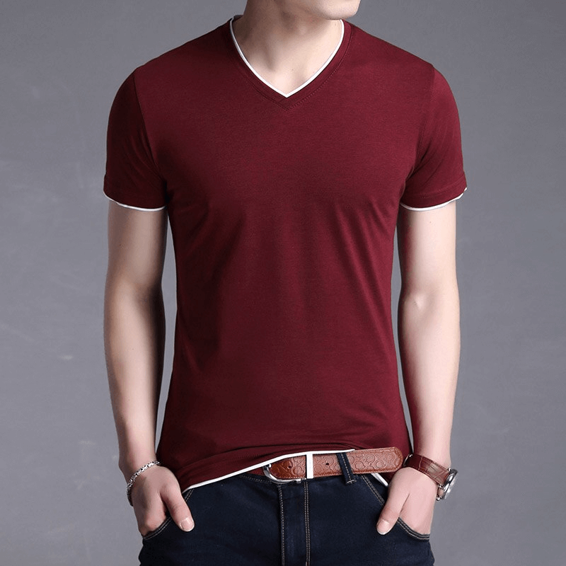 Men's Fashion Short Sleeves V-Neck Solid Color T-Shirt, soft cotton blend, versatile casual style, durable broadcloth fabric - SF1065.