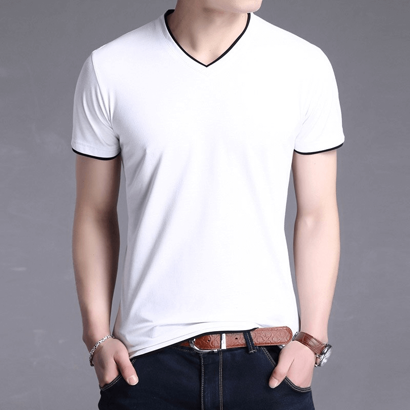 Men's V-Neck Short Sleeve White T-Shirt SF1065 with casual style and comfort, made of cotton-spandex blend for everyday wear