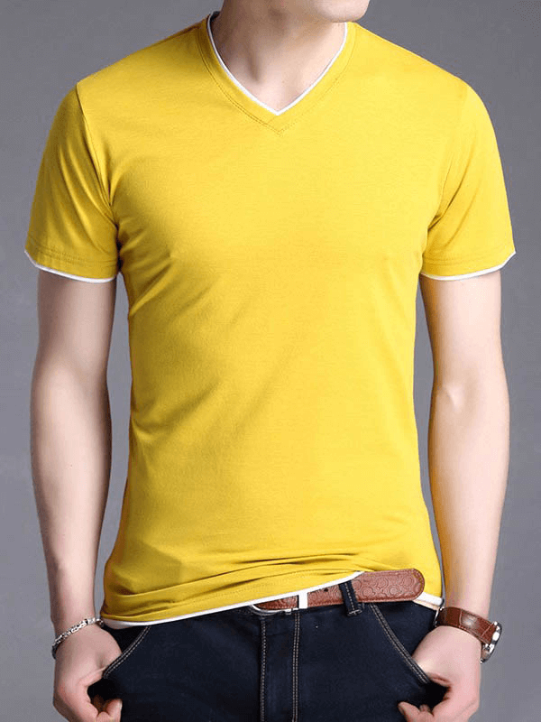 Yellow V-Neck Short Sleeve T-Shirt for Men - SF1065, soft breathable cotton blend, perfect for casual wear. Model wearing with jeans.