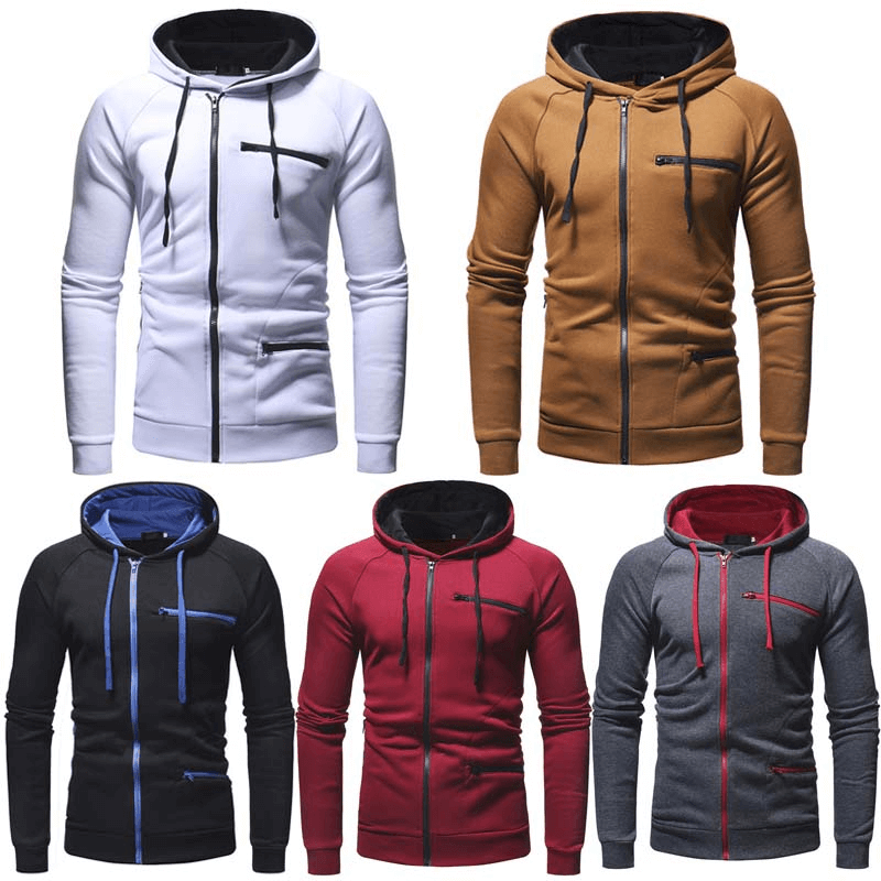Collection of men's solid color long sleeve zipper hoodies in white, brown, black, red, and gray. Perfect for warmth and style. SF1225