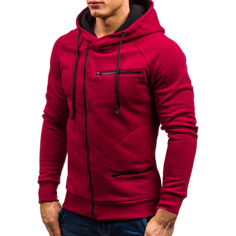 Red solid color zipper hoodie for men, full sleeves, showcasing style and comfort. Perfect for casual wear or gym, model SF1225.