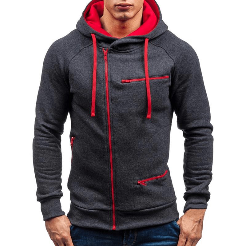 Men's solid color long sleeve zip hoodie in dark gray with red accents, perfect for casual and gym wear. Warm cotton blend.