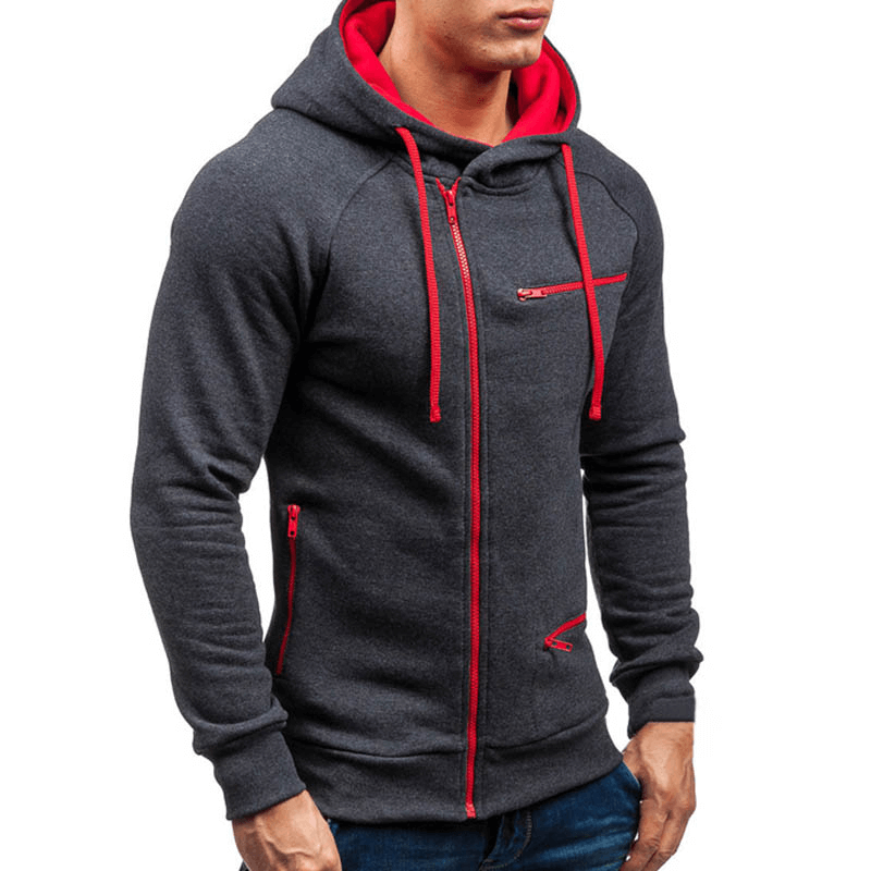 Men's solid color long sleeve zipper hoodie with red accents, perfect for casual wear and gym. Comfortable cotton polyester blend.
