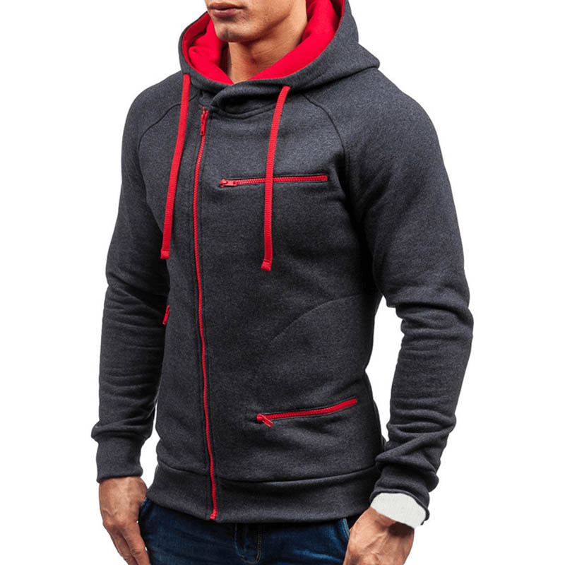Fashion solid color hoodie in dark gray with red accents, featuring long sleeves and zippers, ideal for stylish and warm men’s sportswear.