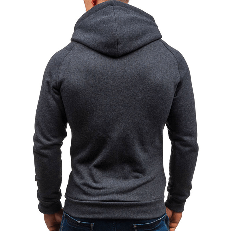 Back view of a mens solid color long sleeve zipper hoodie, perfect for casual wear and sports activities.