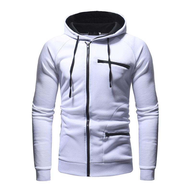 White solid color long sleeves zipper hoodie for men, featuring stylish design and comfort for casual wear or gym, SF1225 model.