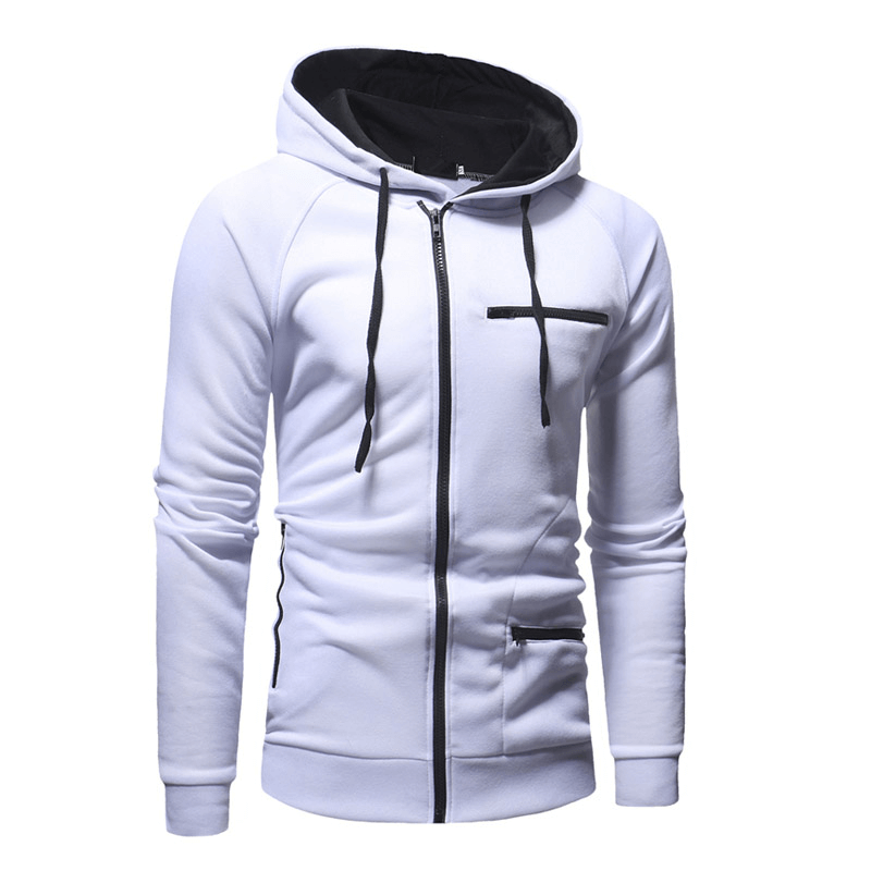 Fashion solid color long sleeve zipper hoodie for men in white, perfect for casual wear or sports. Warm and stylish design - SF1225