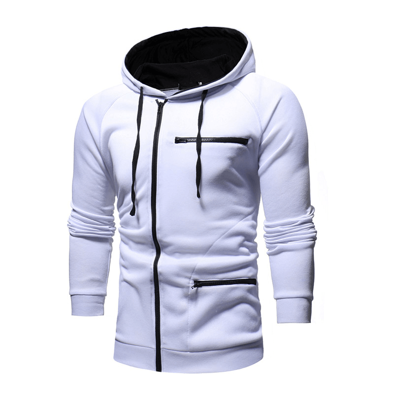Fashion solid color long sleeves zipper hoodie for men, perfect for gym or casual wear, shown in sleek white with zippered pockets.