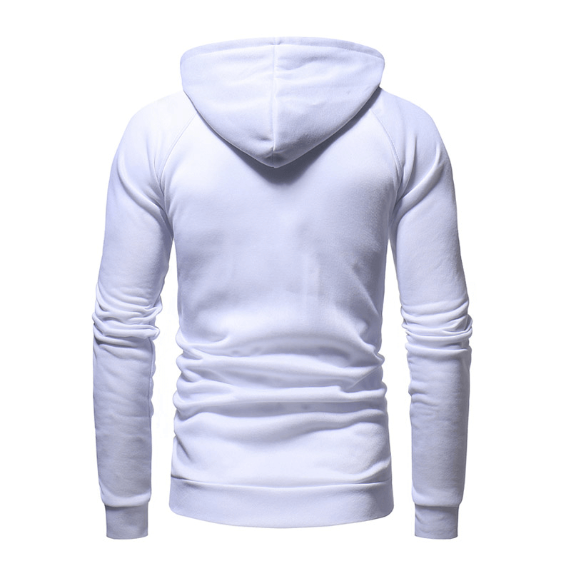 Back view of a white men's fashion solid color long sleeves zipper hoodie, perfect for casual or gym wear, comfortable cotton blend.