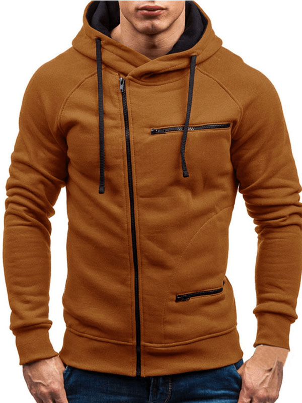 Warm male sportwear with zipper, fashionable solid color long sleeve hoodie, perfect for casual and gym, SF1225 model, brown.
