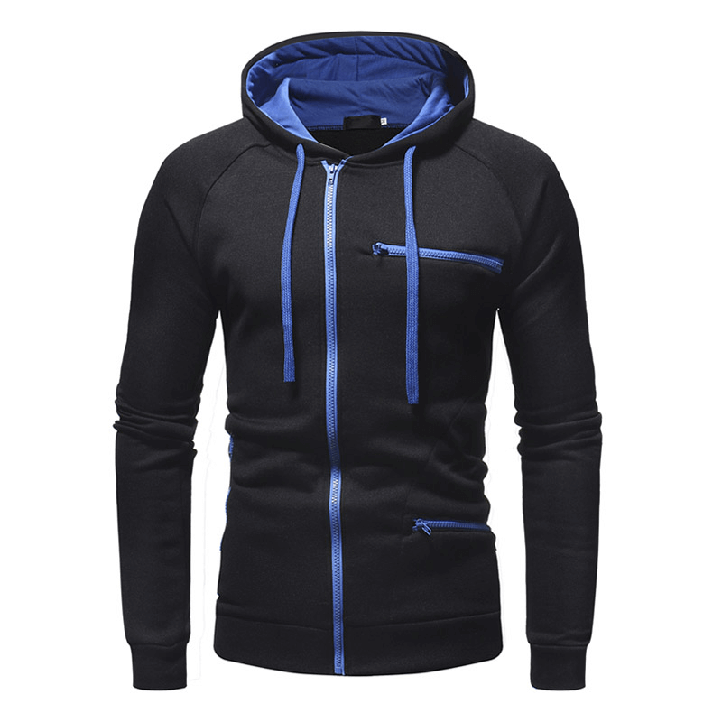 Black solid color men's hoodie with blue zipper and accents, long sleeves, perfect for casual wear or sports, model SF1225