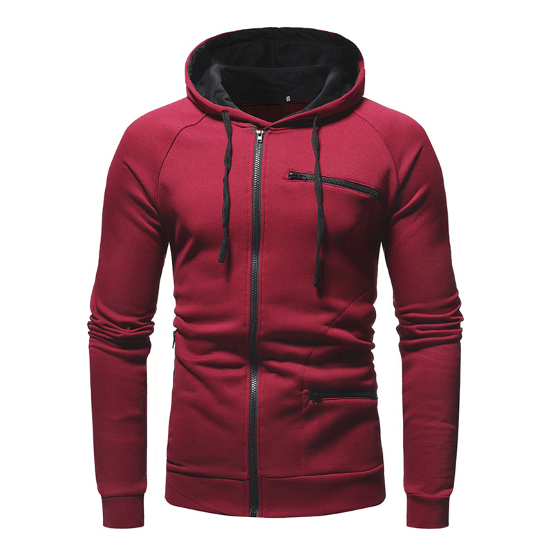 Men's burgundy solid color long sleeve zipper hoodie, perfect for casual wear or gym, made of cotton-polyester blend. Model SF1225.