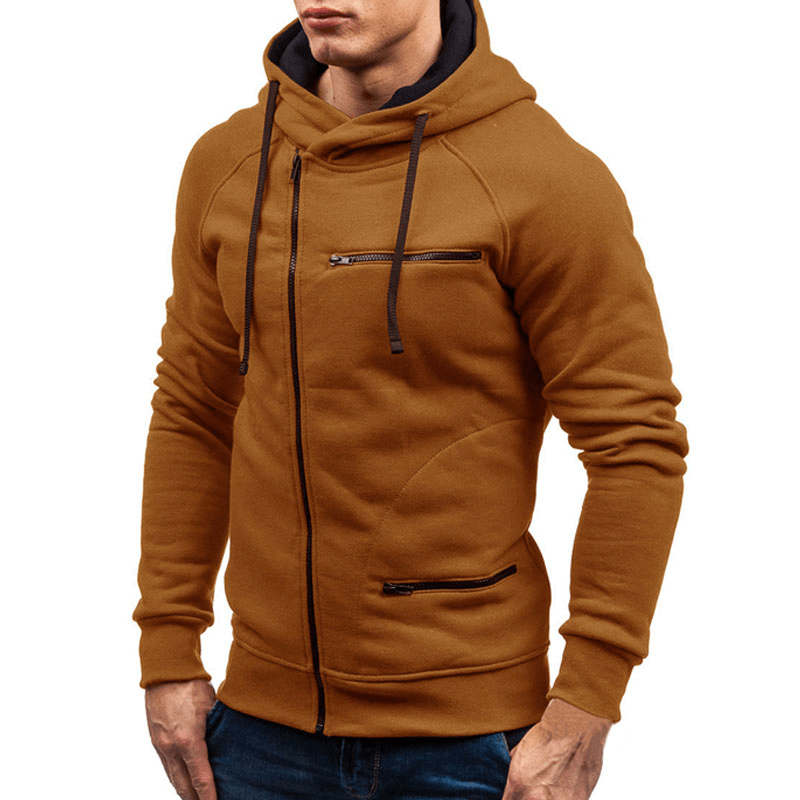 Warm brown zipper hoodie for men with long sleeves, perfect for casual wear or sports, featuring pockets and a drawstring hood.