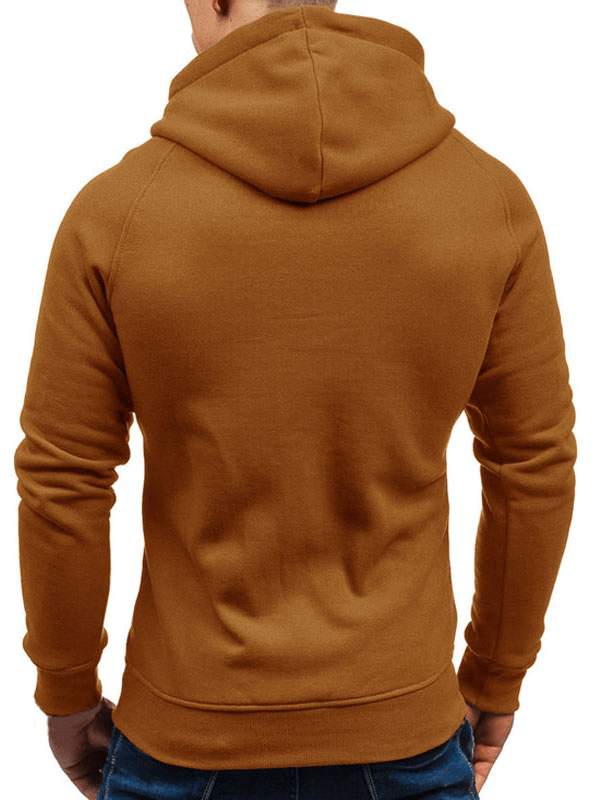 Back view of brown solid color long sleeves zipper hoodie for men, warm and stylish sportswear, perfect for casual and gym wear.