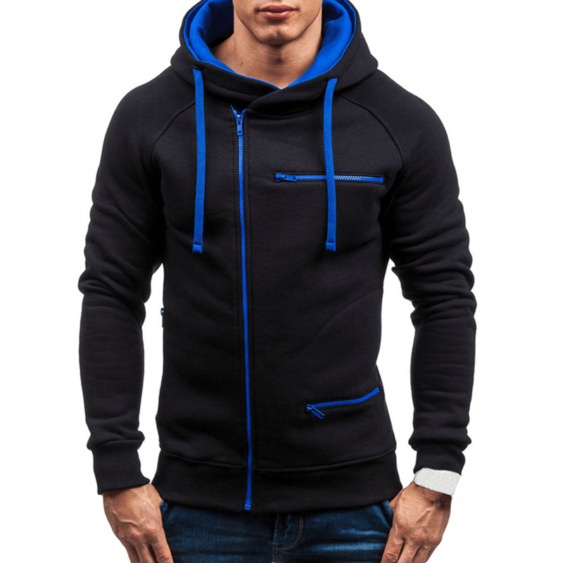 Stylish black and blue zipper hoodie for men, perfect for casual and gym wear, featuring solid color design with drawstrings.