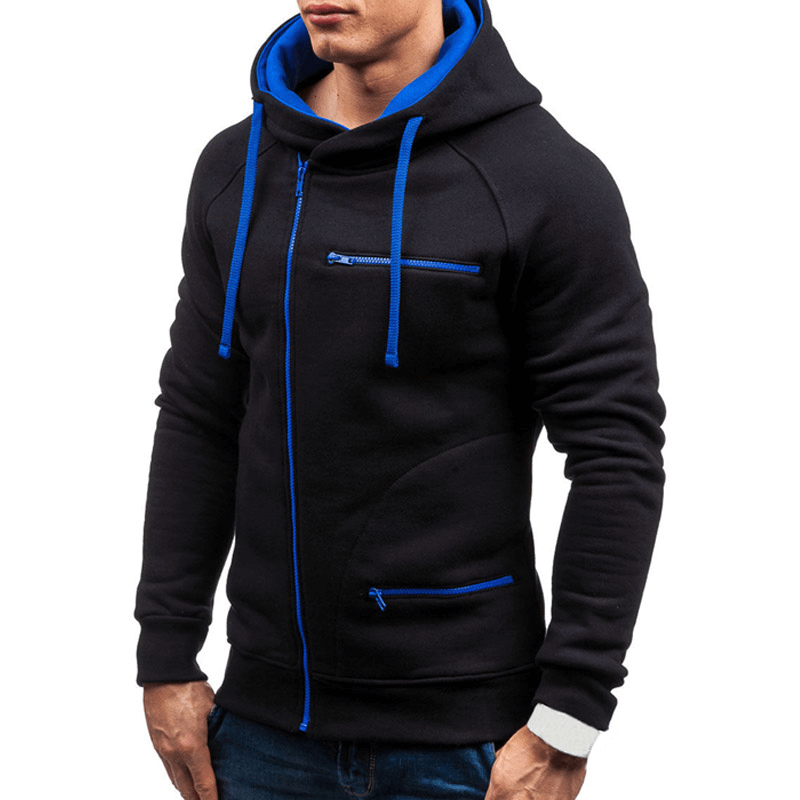 Men's black solid color hoodie with blue zipper accents and drawstrings, ideal for casual and sportwear. Model SF1225 on display.