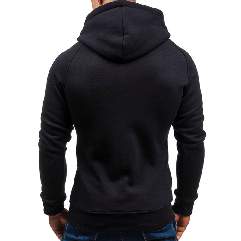 Back view of black solid color men's zip-up hoodie, perfect for casual wear or gym, made from comfortable cotton-polyester blend.