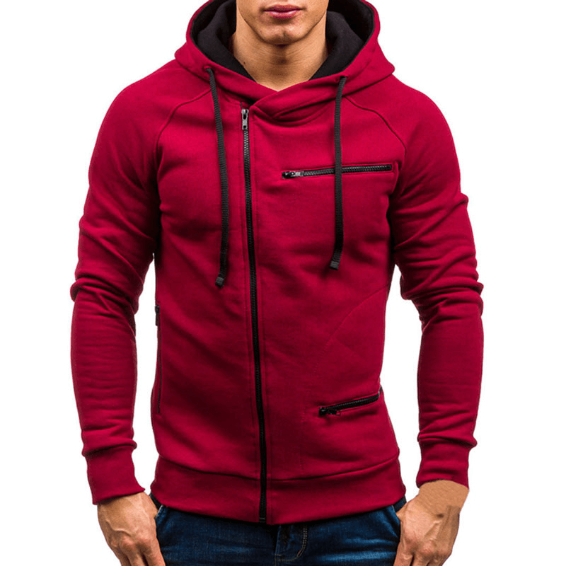 Men's red zipper hoodie with long sleeves, featuring solid color design and sporty style for casual wear.