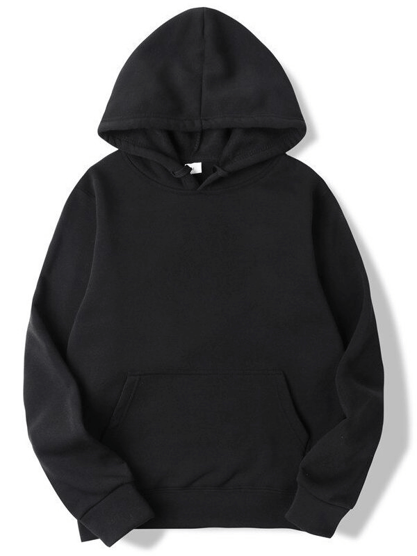 Black solid color men's sweatshirt with hood and pockets, perfect for casual style. Soft cotton hoodie SF0373, comfortable and versatile fashion.