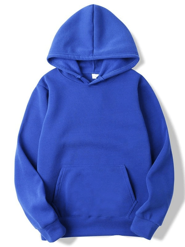 Solid color blue men's sweatshirt with hood and pockets, style SF0373, perfect for casual wear and comfort.