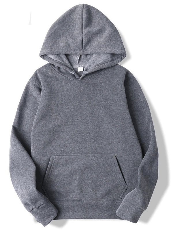 Fashion solid color men's sweatshirt with hood and pockets, style SF0373. Soft cotton, breathable hoodie in gray, casual wear.