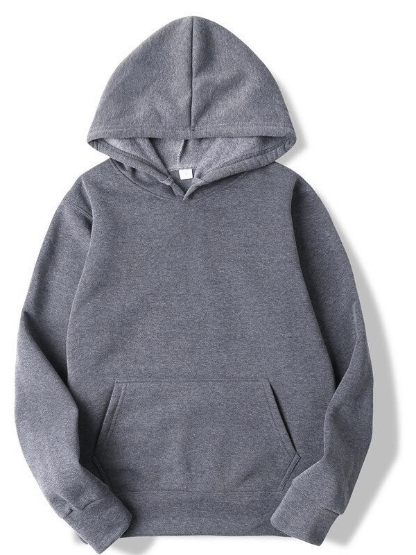 Gray solid color men's hooded sweatshirt with front pocket, casual style, SF0373.