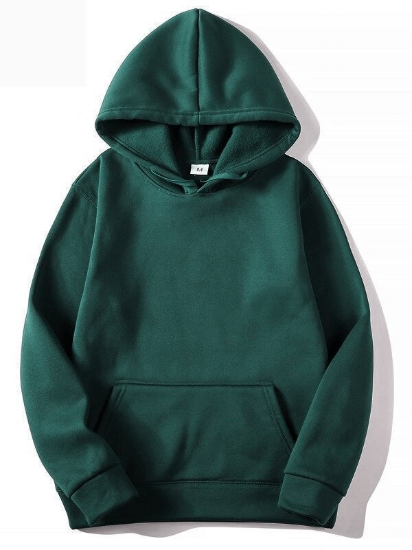 Fashion solid color men's green sweatshirt with hood and pockets, casual style, perfect for any weather.