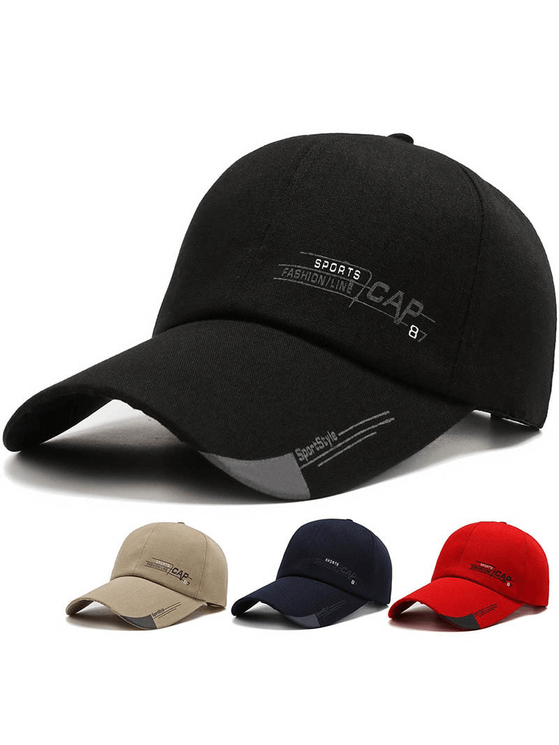 Unisex fashion sports baseball cap with long brim, adjustable straps, and letter pattern in black, beige, navy, and red colors.