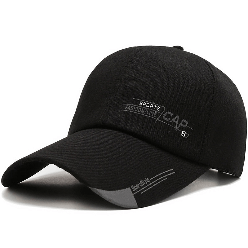 Fashion sports baseball cap with long brim, unisex design, adjustable strap, black cotton, stylish letter pattern for casual or sports use.