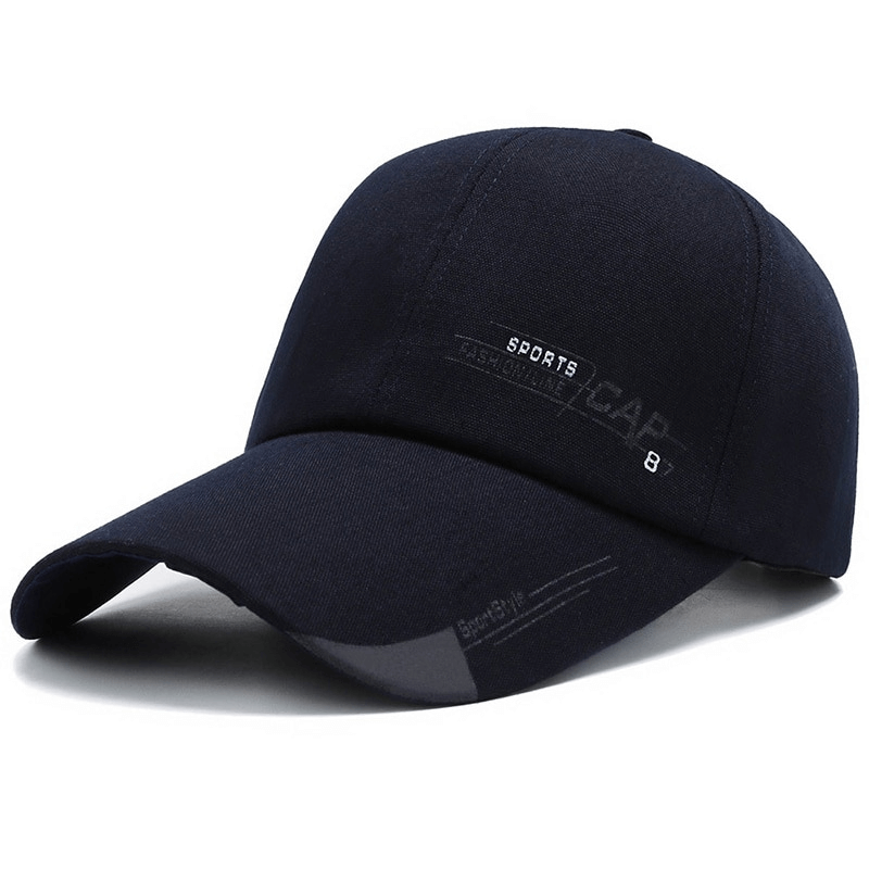 Unisex navy blue baseball cap with long brim and letter design, adjustable for sports or casual wear.