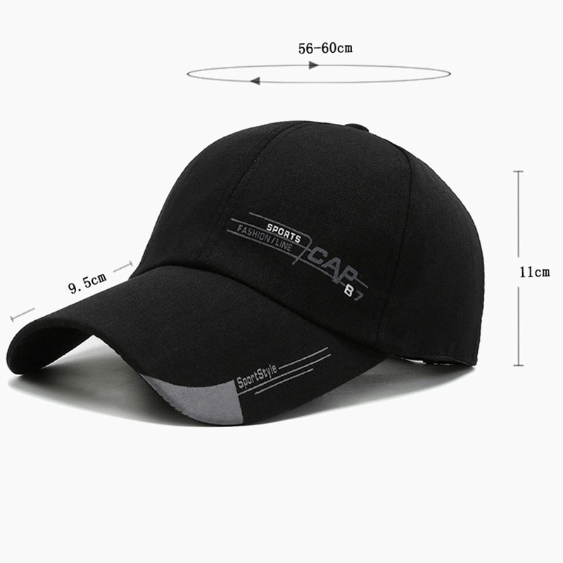 Fashion sports baseball cap with long brim, unisex design, adjustable straps, black cotton with letter pattern, SF0796.