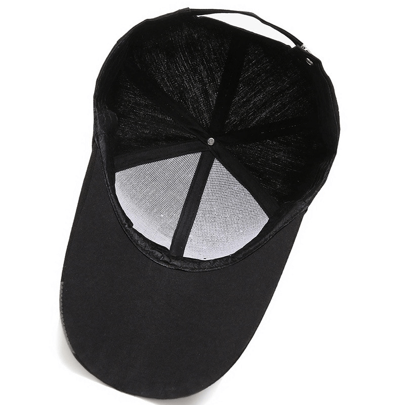 Black fashion sports baseball cap with long brim for men and women, featuring breathable interior and adjustable strap for comfort.