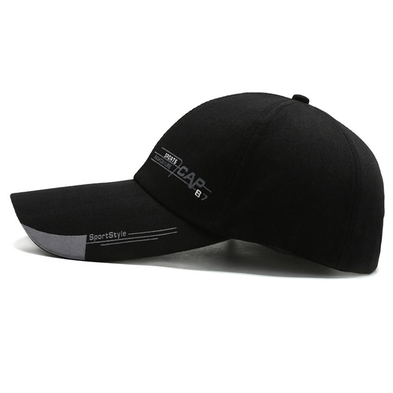 Unisex fashion sports baseball cap with long brim and adjustable strap in black, featuring stylish letter pattern for casual or sports use.