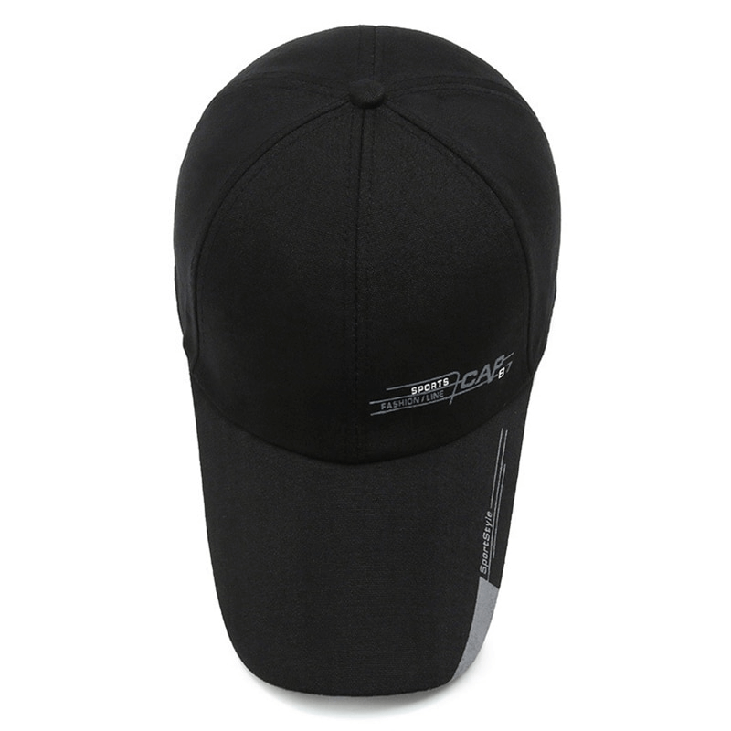 Unisex black sports baseball cap SF0796 with long brim and adjustable straps, featuring stylish letter pattern for casual and sports use.