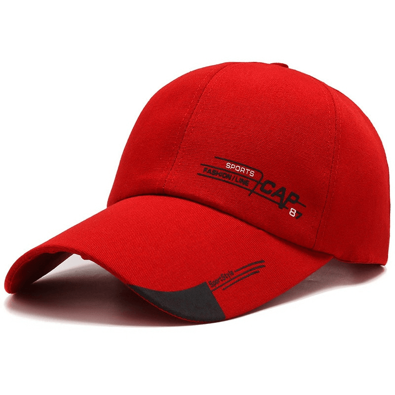 Red unisex sports baseball cap with long brim, adjustable strap, and letter pattern for stylish casual and athletic use.