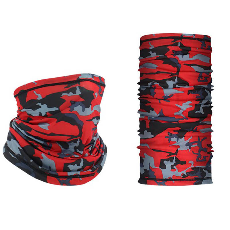 Red camo fashion sports elastic neck turban for men and women, perfect for outdoor activities like running, cycling, and mountain climbing.
