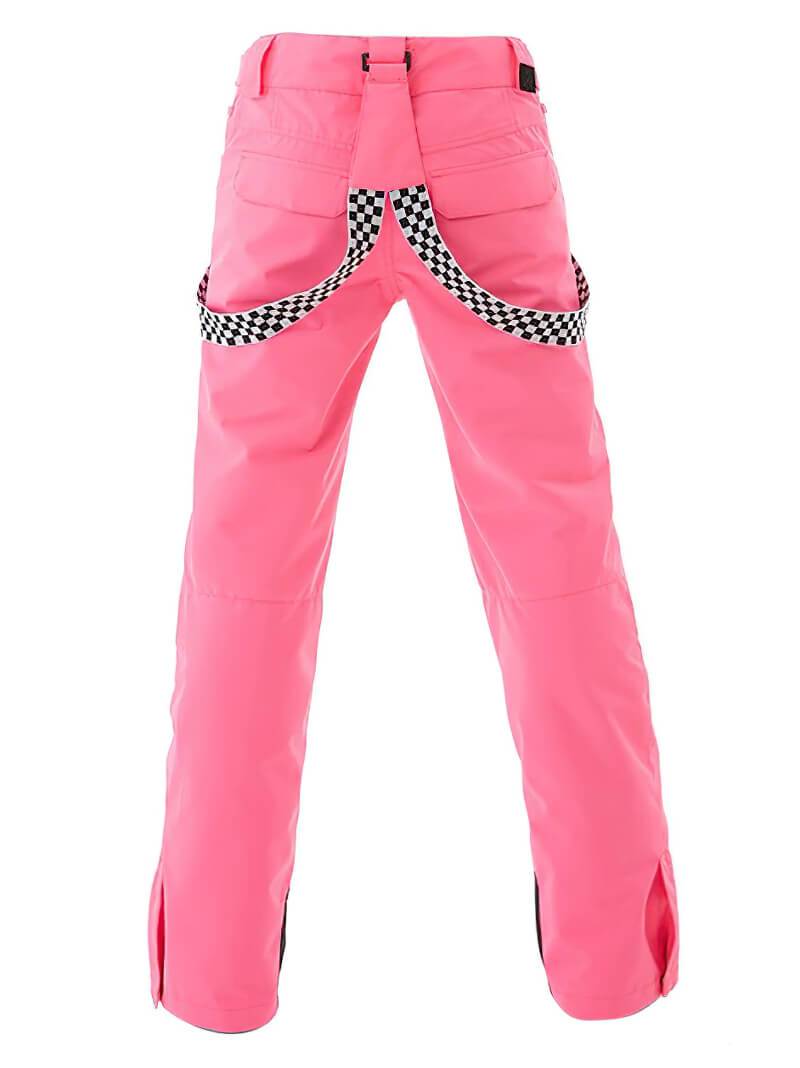 Pink fashion strap ski pants for ladies, featuring checkered detailing, windproof and waterproof material for winter sports.